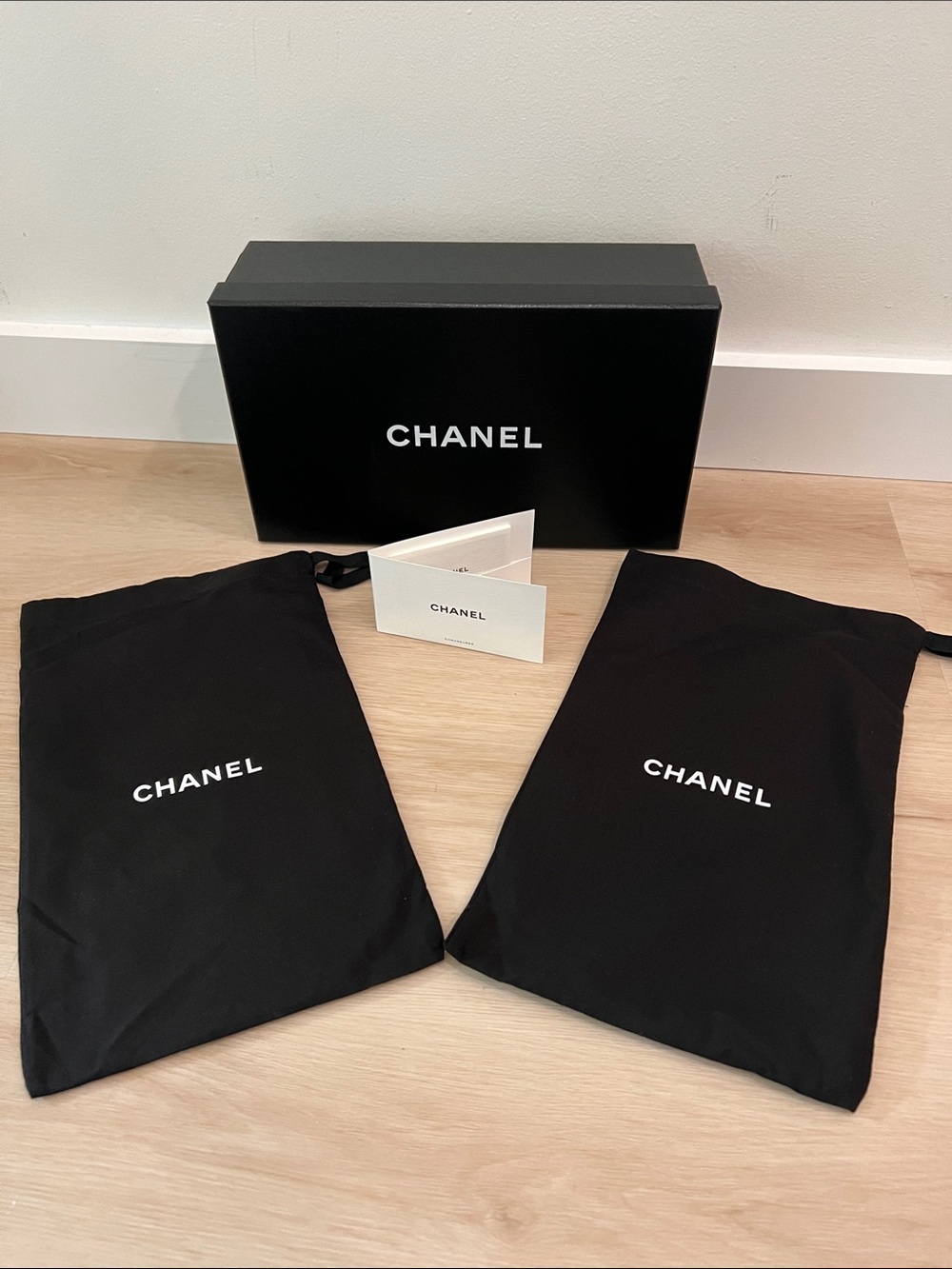 CHANEL Shoe Box, 2 Dust Bags, Tissue & Shoe Care Guide 11 3/4”x7”x4”